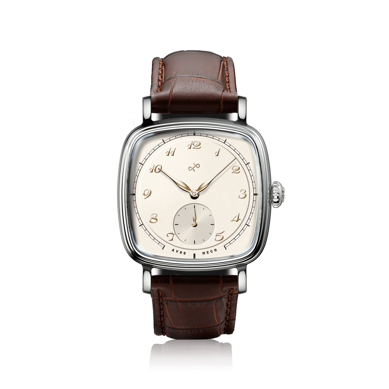 1954 Amalfi Mechanical, Steel / Off White by AV86, luxury vintage-inspired watch with brown leather strap and steel case