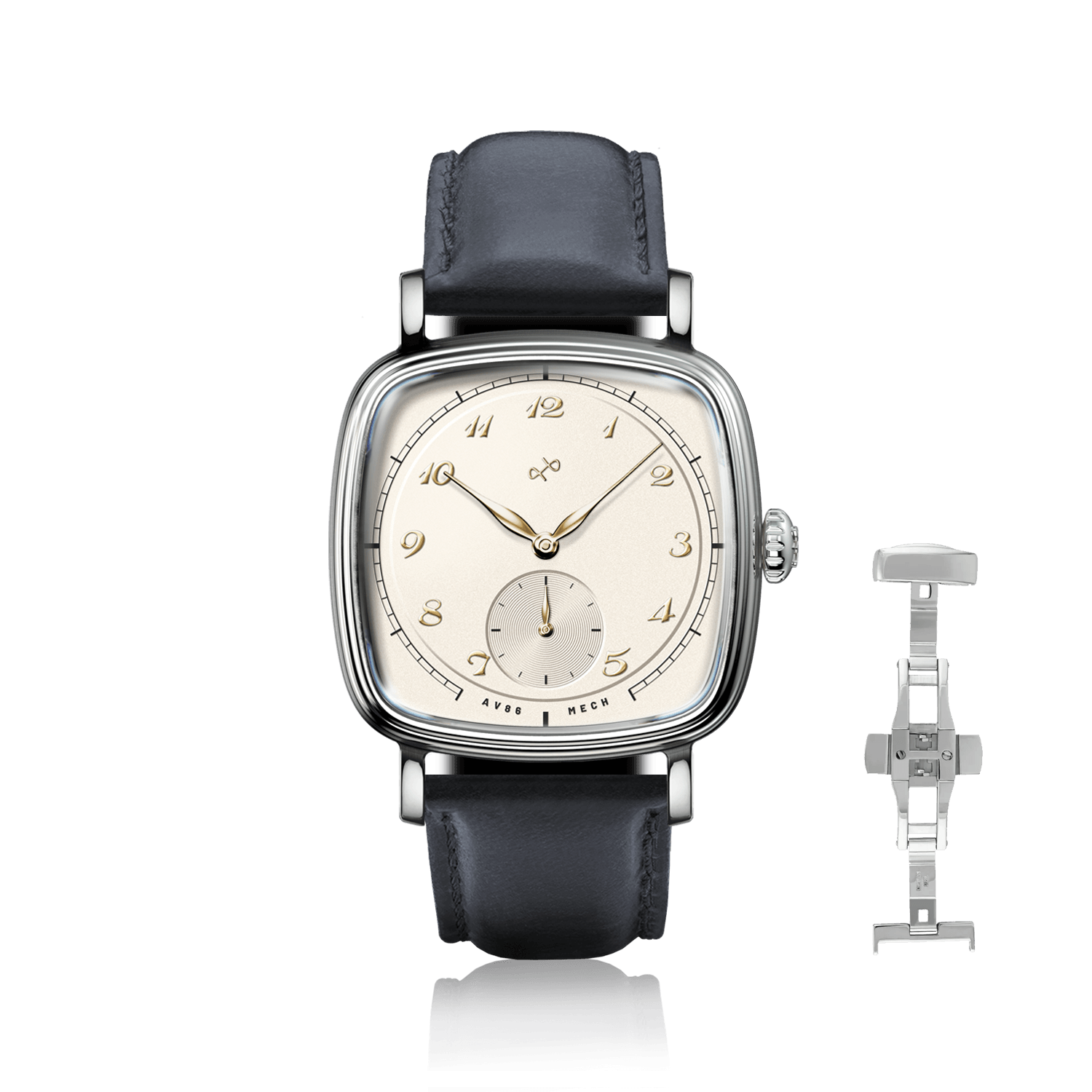 1954 Amalfi Mechanical, Steel / Off White watch by AV86 with dark blue leather strap and vintage-inspired dial design