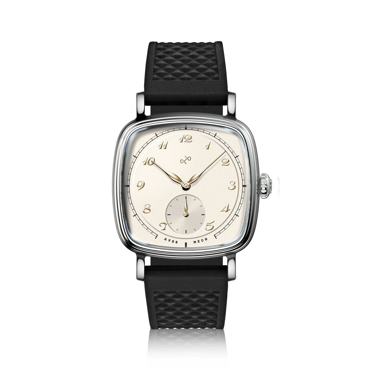1954 Amalfi Mechanical, Steel / Off White by AV86 with black silicone strap, vintage-inspired luxury timepiece with sleek steel case.