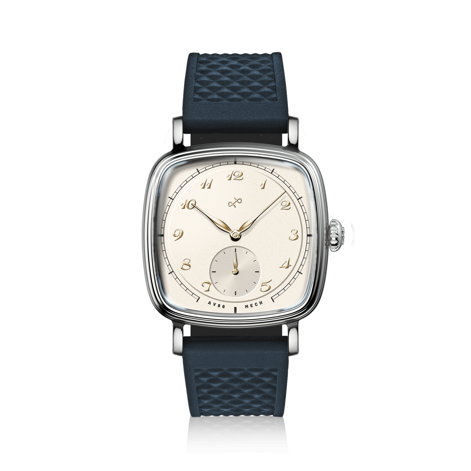 1954 Amalfi Mechanical, Steel / Off White watch by AV86 with vintage-inspired dial and textured blue silicone strap.