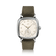 1954 Amalfi Mechanical, Steel / Off White by AV86 features a vintage-inspired silver case with off-white dial and olive green strap.