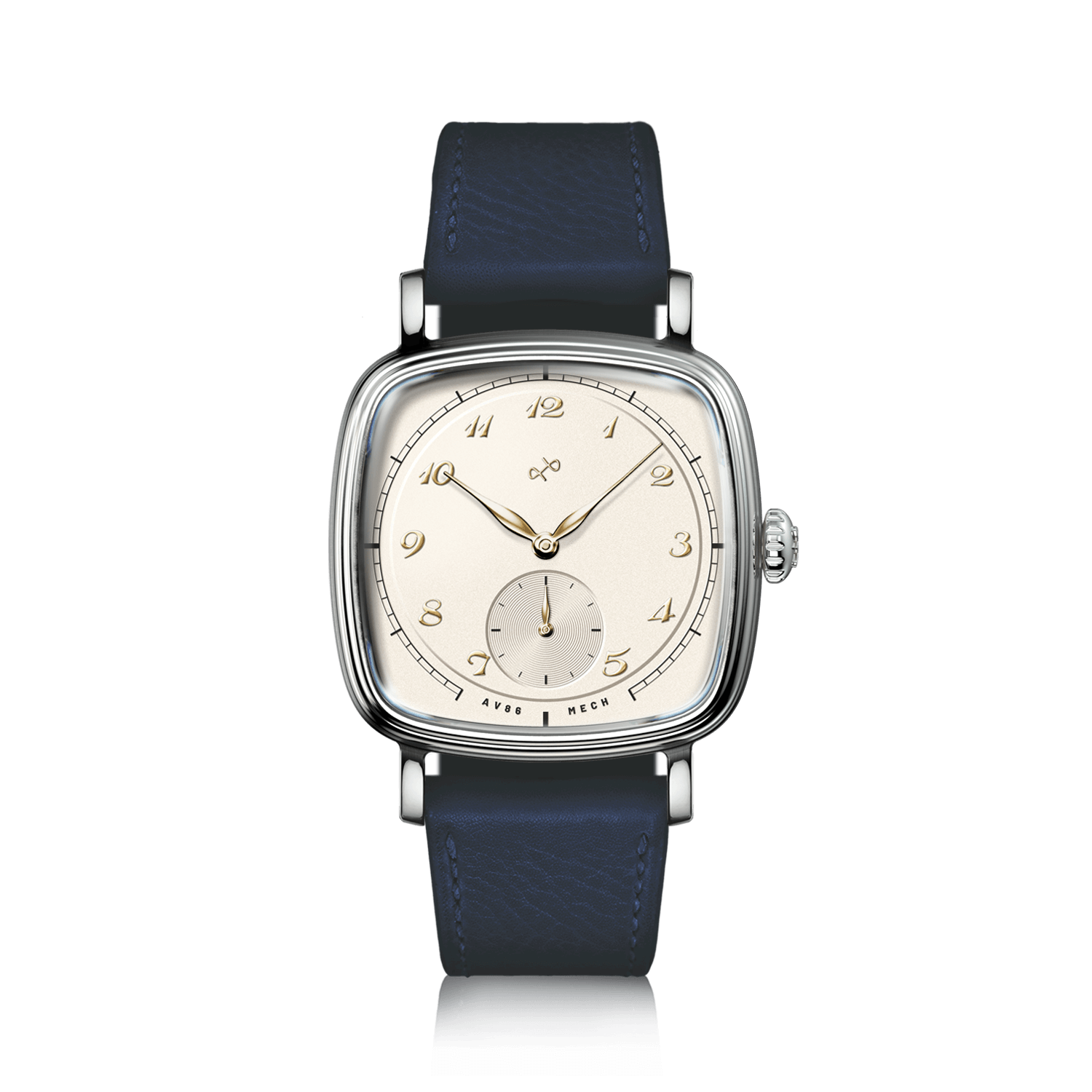 1954 Amalfi Mechanical, Steel / Off White with navy leather strap by AV86, vintage-inspired watch with classic dial design