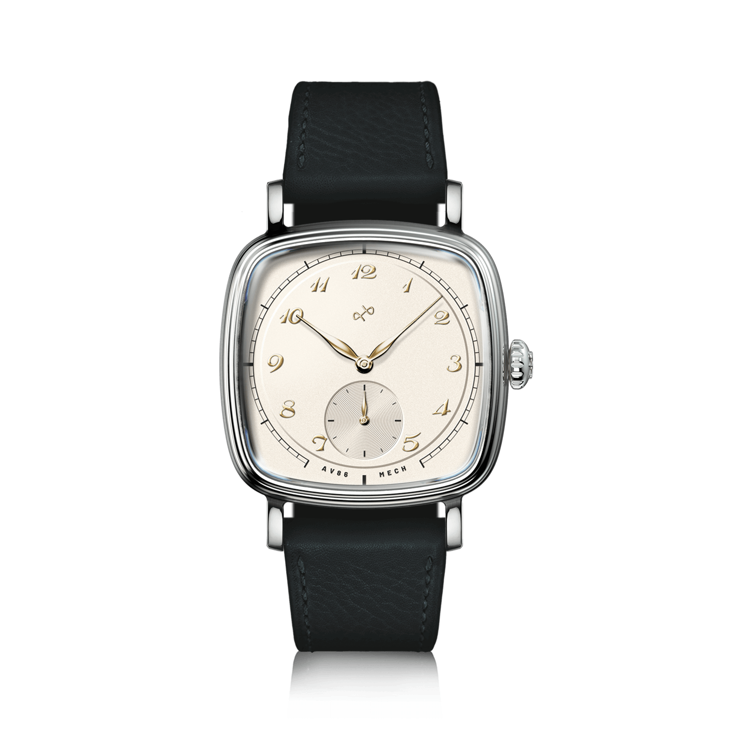 1954 Amalfi Mechanical, Steel / Off White by AV86, vintage-inspired watch with steel case, off white dial, and black leather strap.