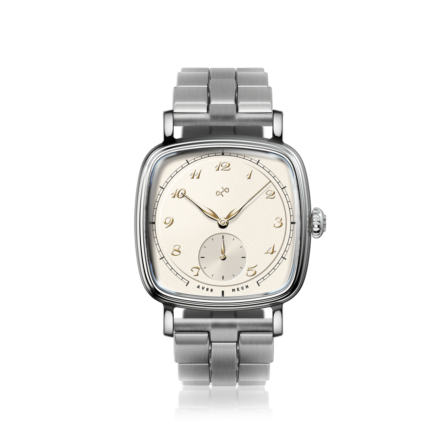 1954 Amalfi Mechanical by AV86 with polished cushion case, vintage dial, small seconds subdial, sapphire crystal, and stainless steel bracelet