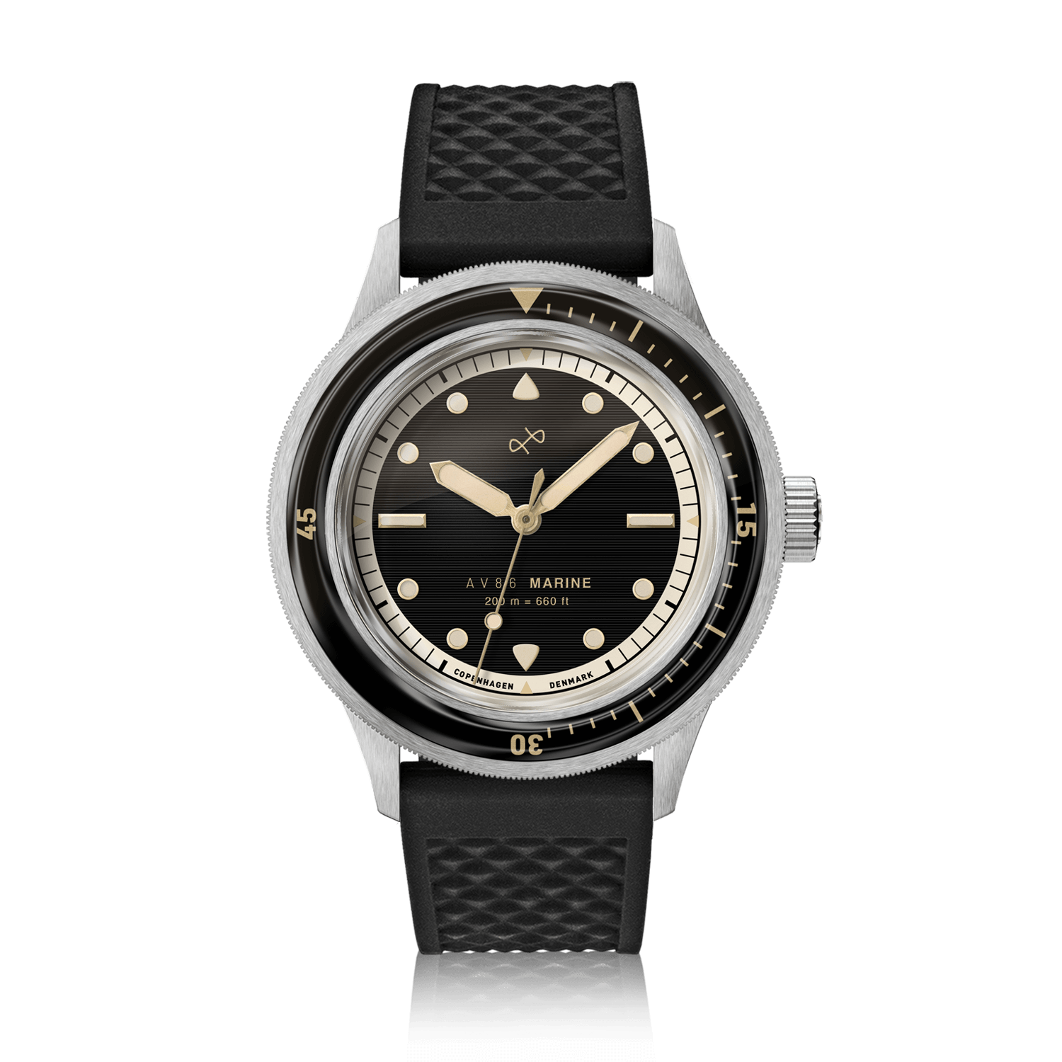 1956 Marine by AV86 vintage-inspired diver with sapphire crystal, rotating bezel, textured black rubber strap, and luminous markers