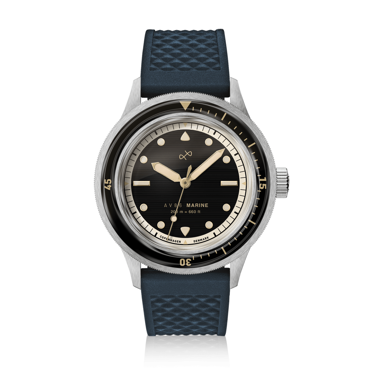 1956 Marine by AV86 vintage-inspired diver with sapphire crystal, rotating bezel, and textured rubber strap in Nordic minimalist design