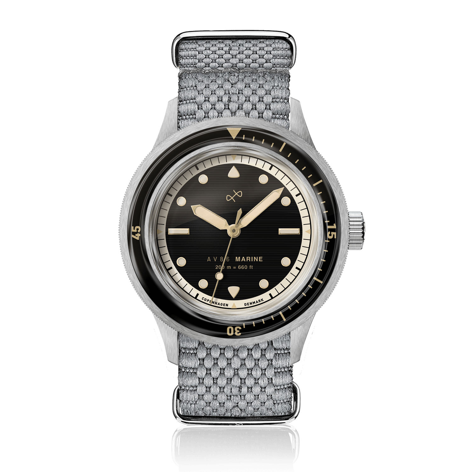 1956 Marine by AV86 vintage-inspired diver with domed sapphire crystal, rotating bezel, and textured grey fabric strap