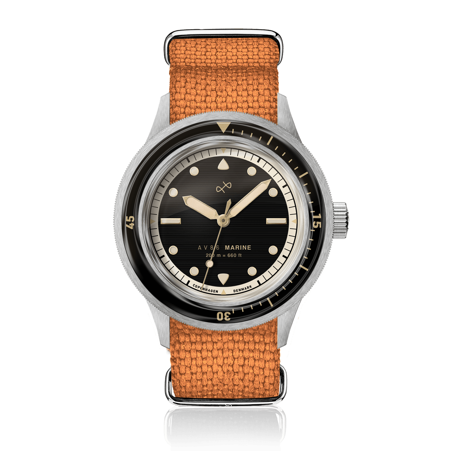 1956 Marine by AV86 vintage-inspired diver with domed sapphire crystal, rotating bezel, black dial, and textured fabric strap