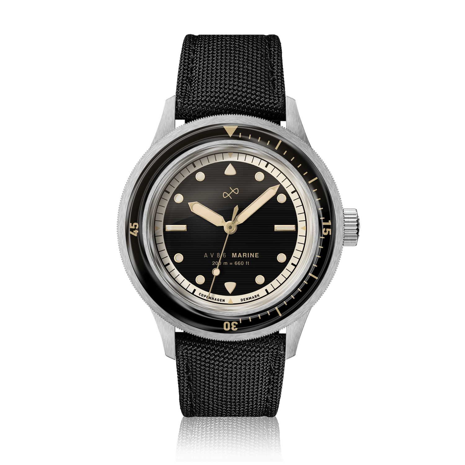 1956 Marine by AV86 vintage-inspired diver watch with domed sapphire crystal, rotating bezel, black dial, and textured fabric strap
