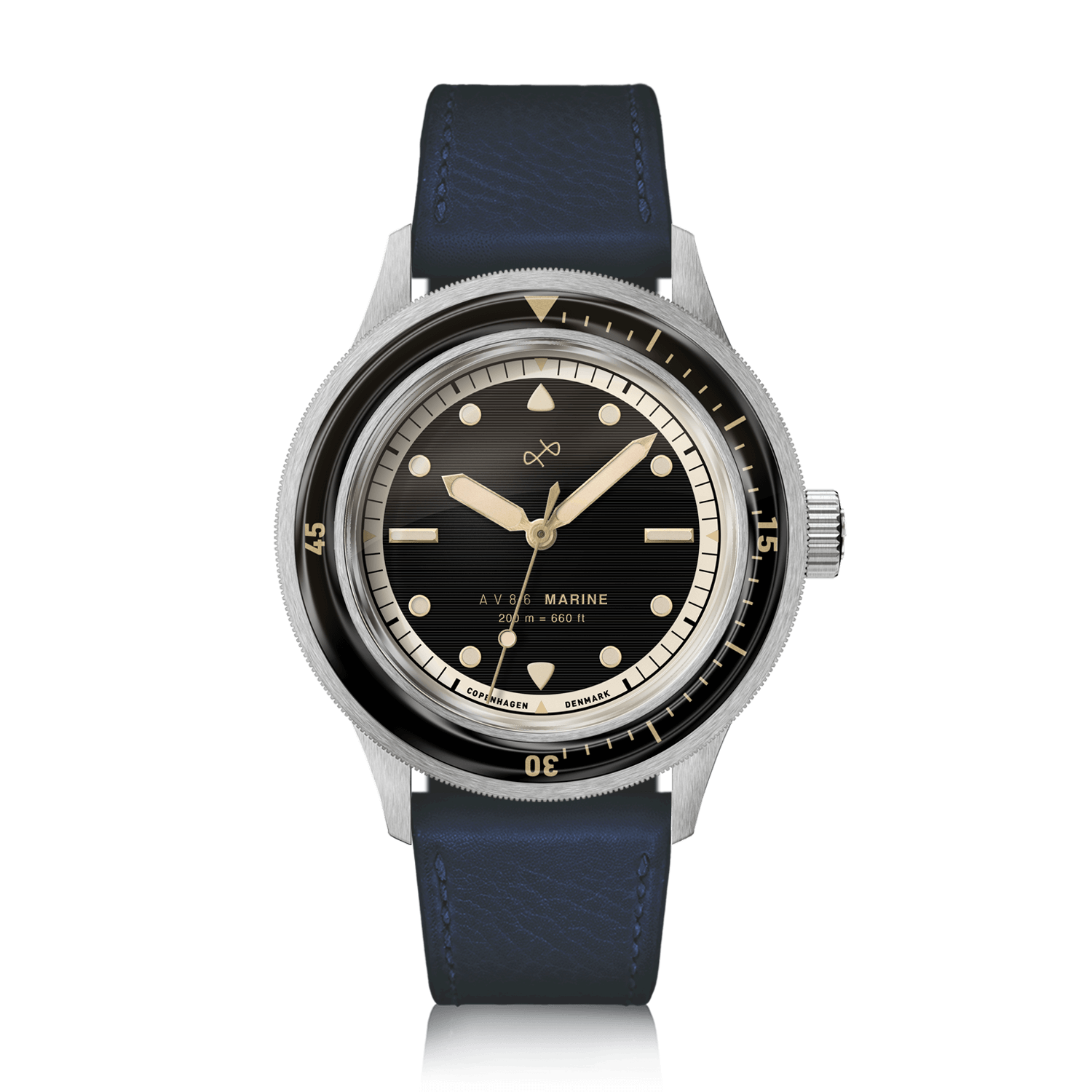 1956 Marine by AV86 vintage-inspired diver watch with sapphire crystal, rotating bezel, and classic leather strap