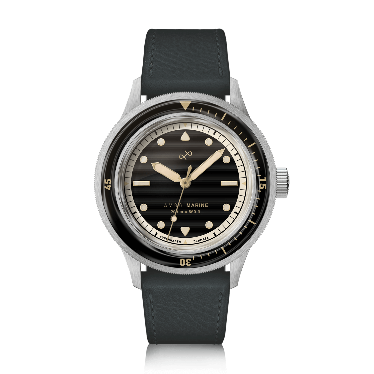 1956 Marine by AV86 vintage-inspired diver with sapphire crystal, rotating bezel, and black leather strap