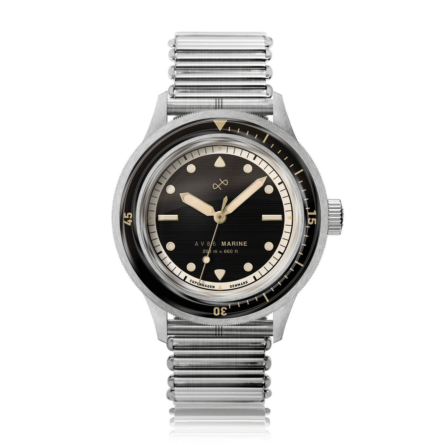 1956 Marine by AV86 vintage-inspired diver watch with sapphire crystal, rotating bezel, and stainless steel bracelet strap