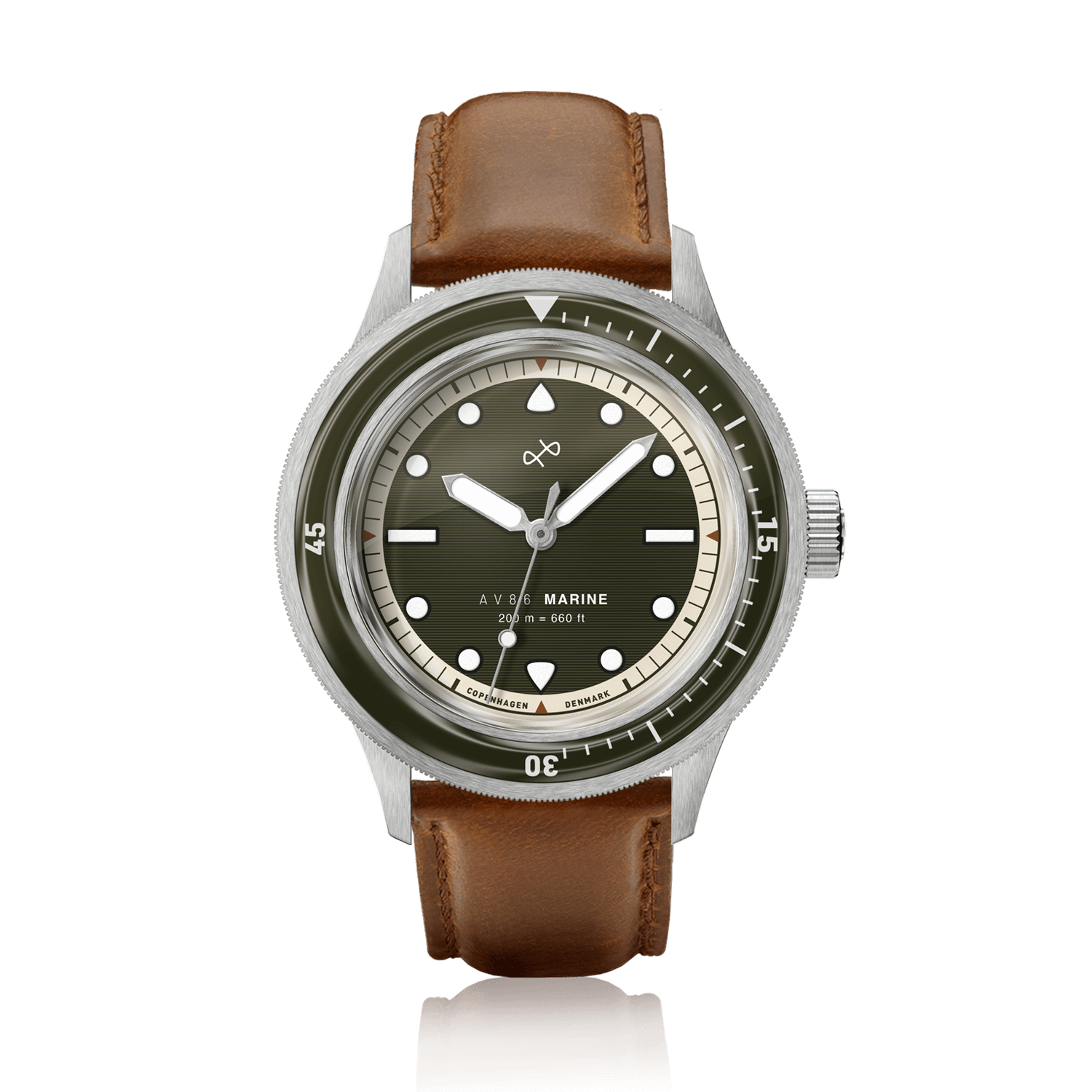 1956 Marine by AV86 vintage-inspired diver with compass bezel, sapphire crystal, and brown leather strap