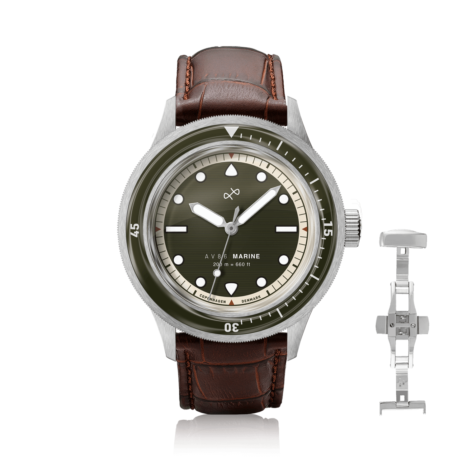 1956 Marine by AV86 vintage-inspired diver watch with sapphire crystal, rotating bezel, and brown leather strap