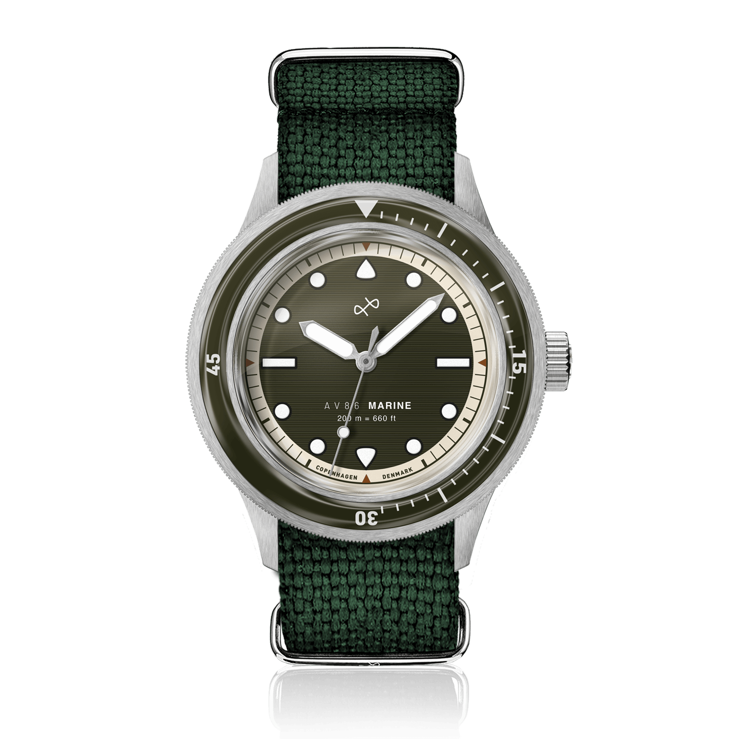 1956 Marine by AV86 vintage-inspired diver watch with sapphire crystal, compass bezel, and textured fabric strap