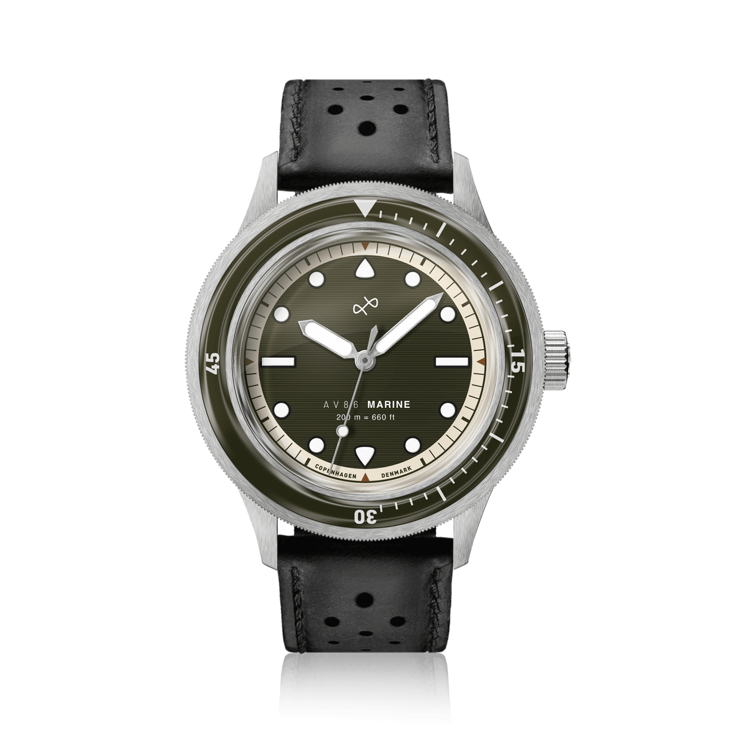 1956 Marine by AV86 vintage-inspired diver watch with sapphire crystal, rotating bezel, and perforated black leather strap