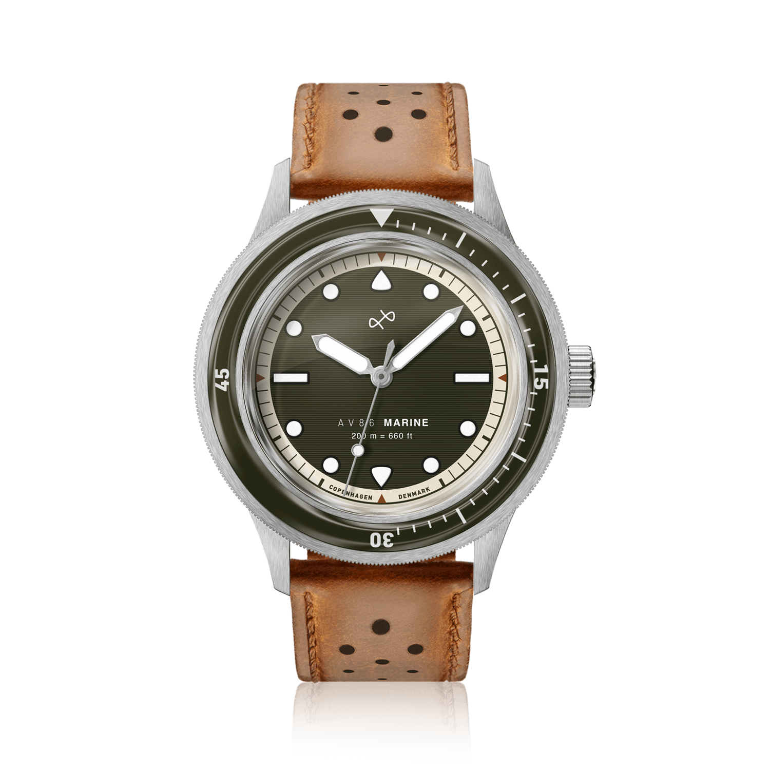 1956 Marine by AV86 vintage-inspired diver with sapphire crystal, rotating bezel, and perforated brown leather strap