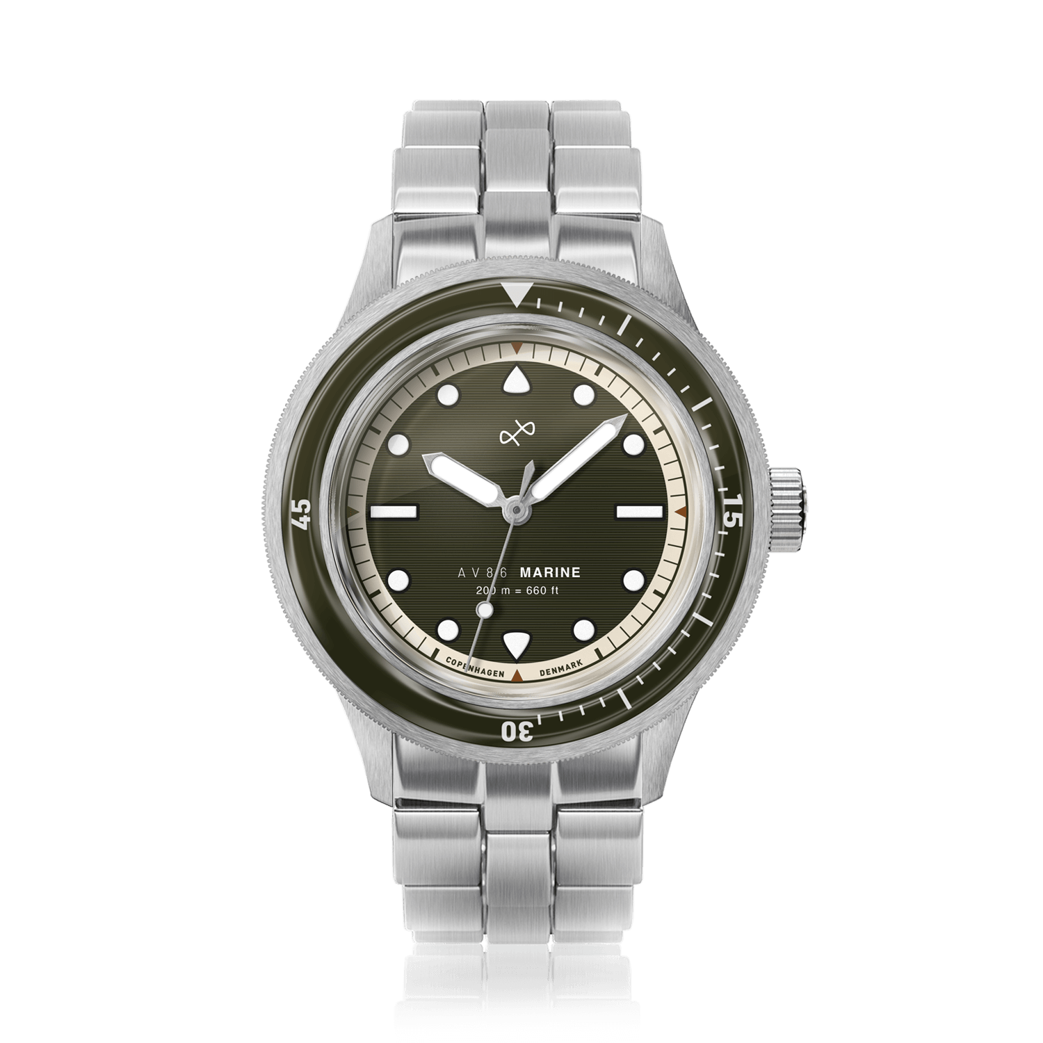 1956 Marine by AV86 vintage-inspired diver with sapphire crystal, rotating bezel, and stainless steel bracelet strap