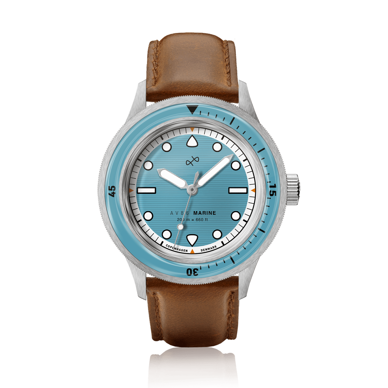 1956 Marine by AV86 vintage-inspired diver watch with sapphire crystal, compass bezel, and brown leather strap