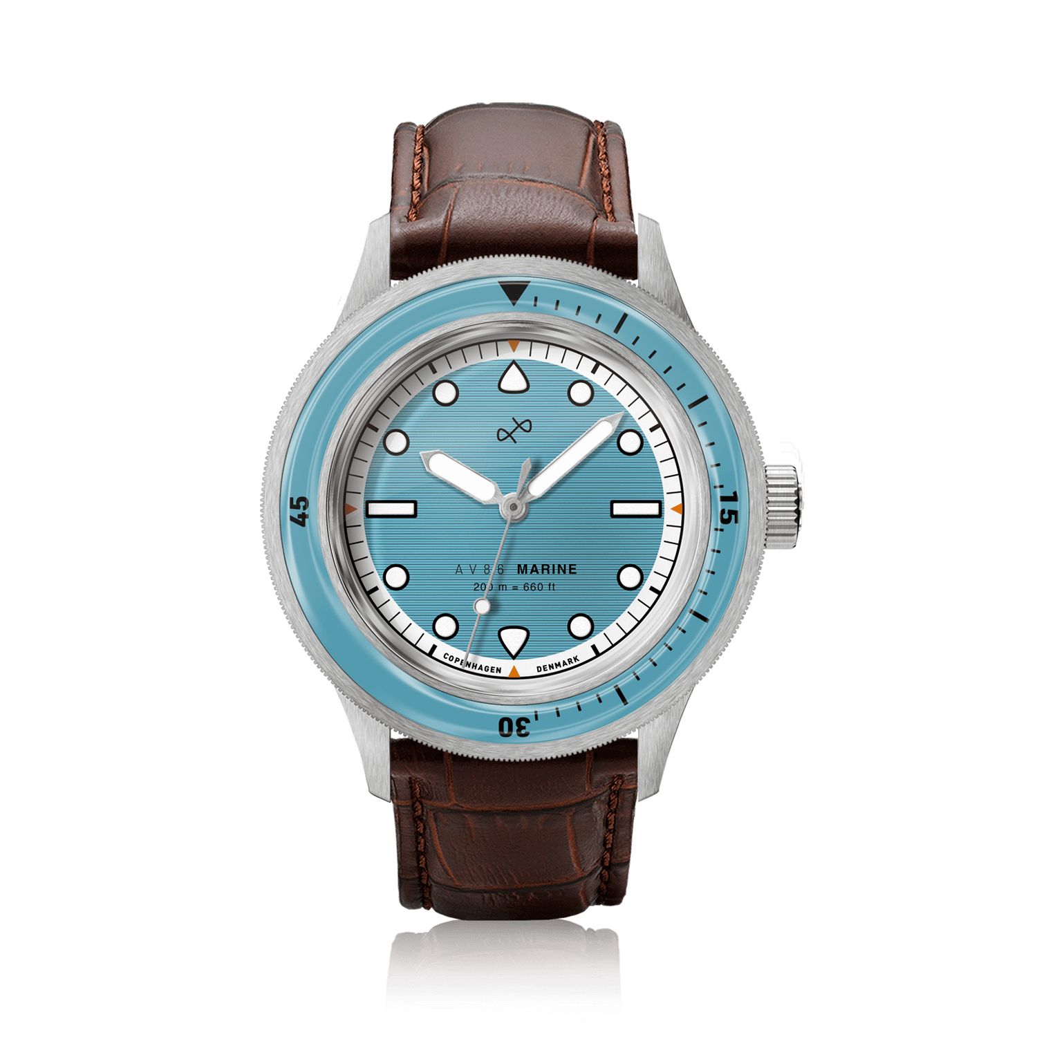 1956 Marine by AV86 vintage-inspired diver with sapphire crystal, compass bezel, and brown leather strap