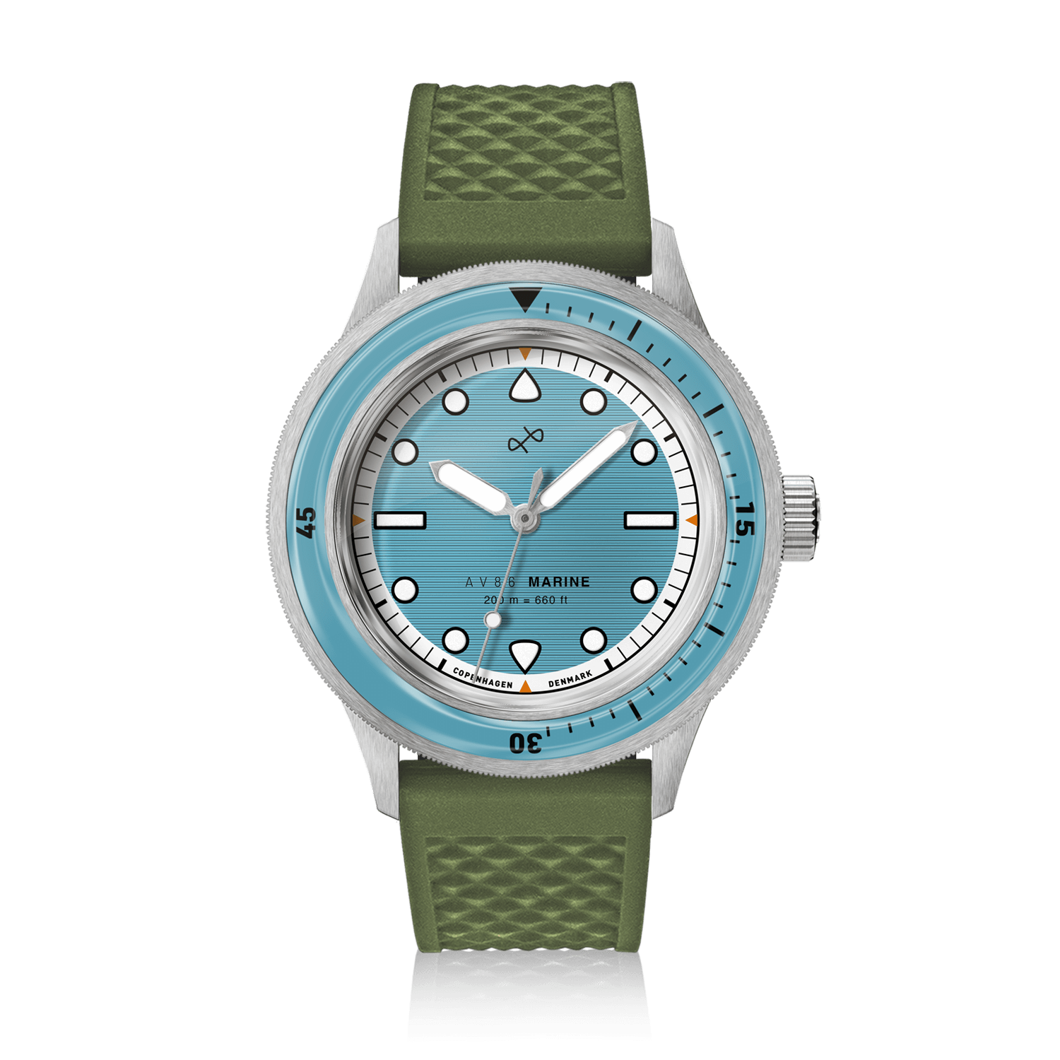 1956 Marine by AV86 vintage-inspired diver with sapphire crystal, textured rubber strap, and rotating bezel in minimalist design