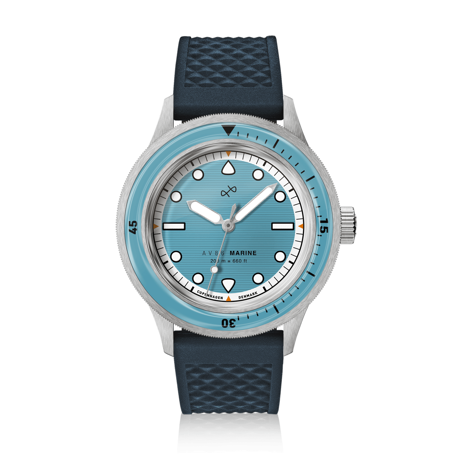 1956 Marine by AV86 vintage-inspired diver with sapphire crystal, rotating bezel, luminous markers, and textured rubber strap