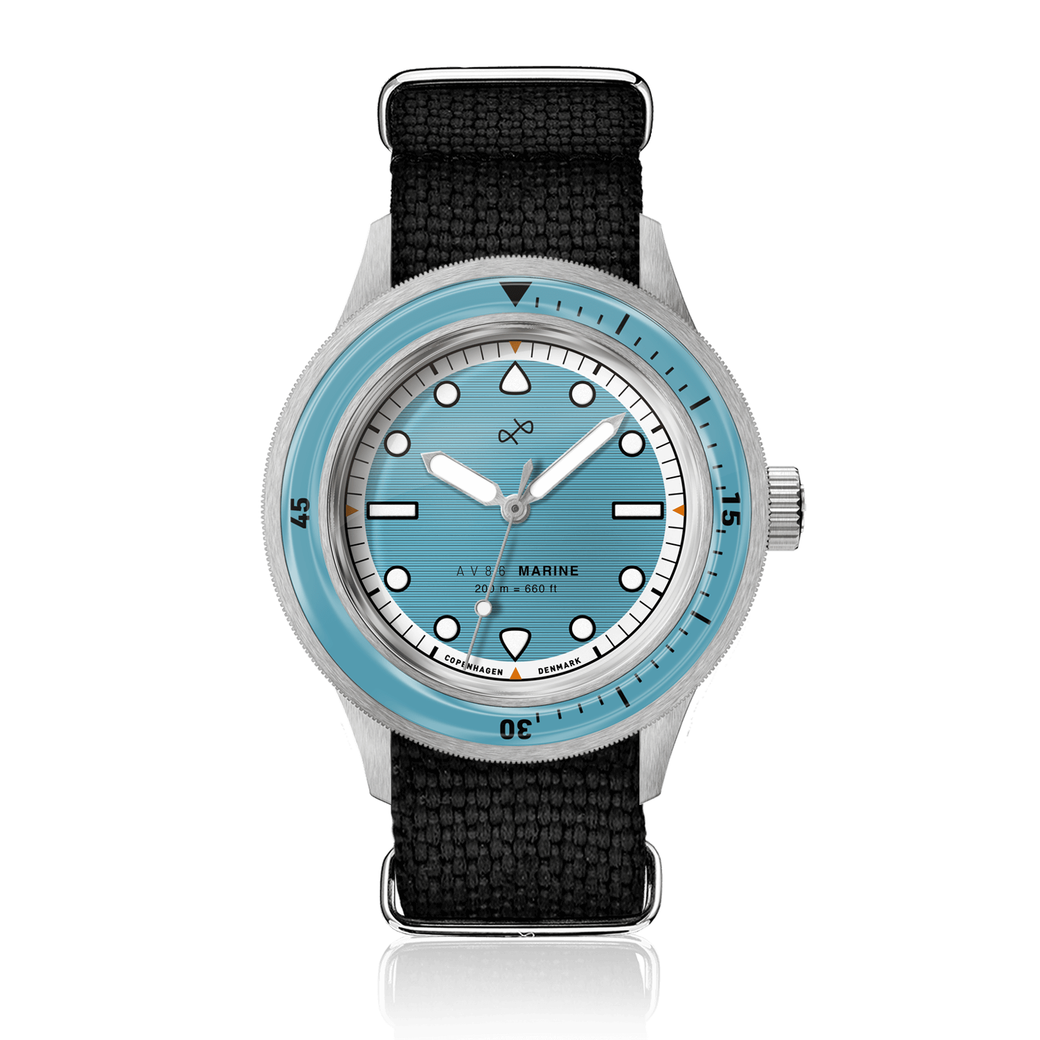1956 Marine by AV86 vintage-inspired diver with sapphire crystal, rotating bezel, and black fabric strap