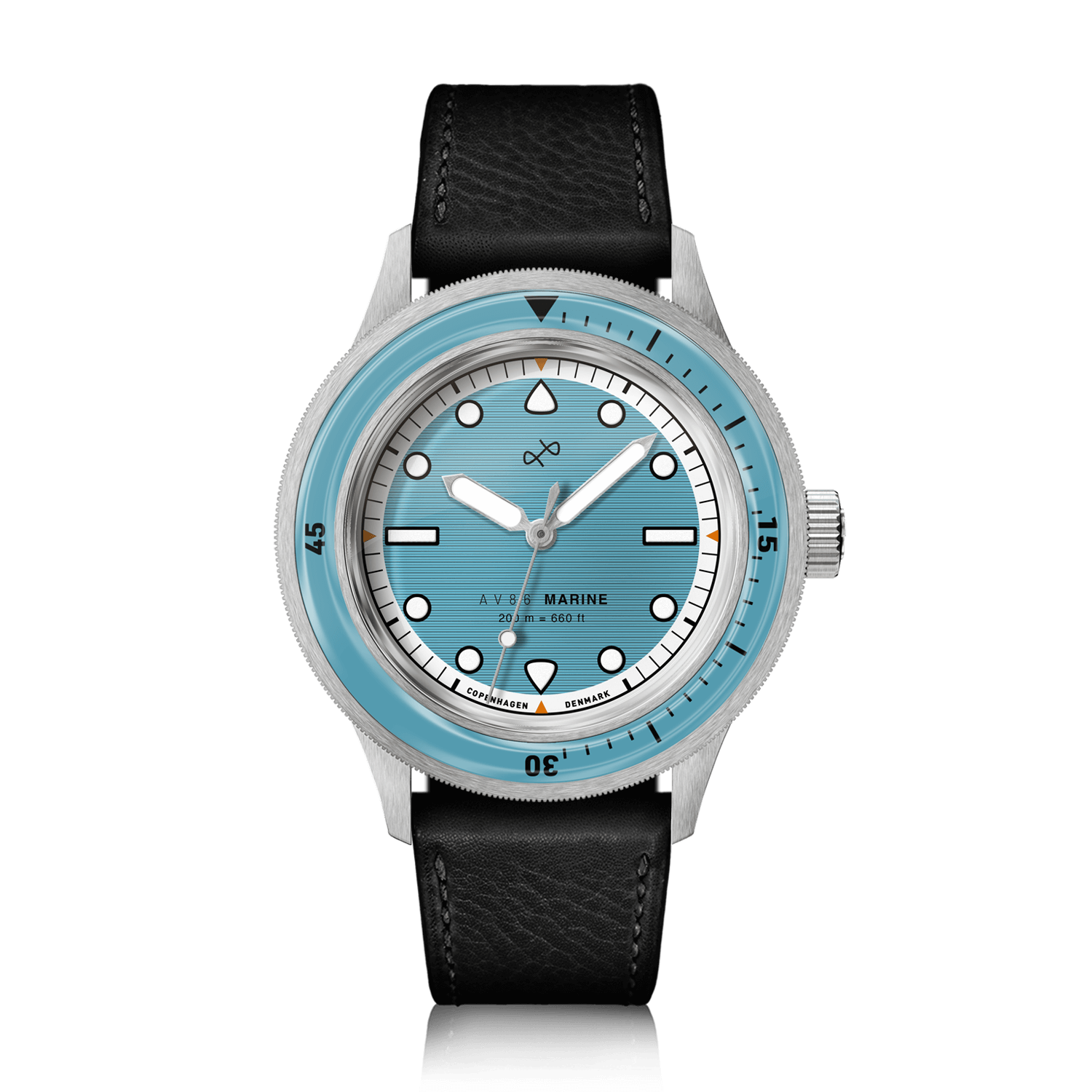 1956 Marine by AV86 luxury diver watch with vintage-inspired dial, sapphire crystal, unidirectional bezel, and black leather strap