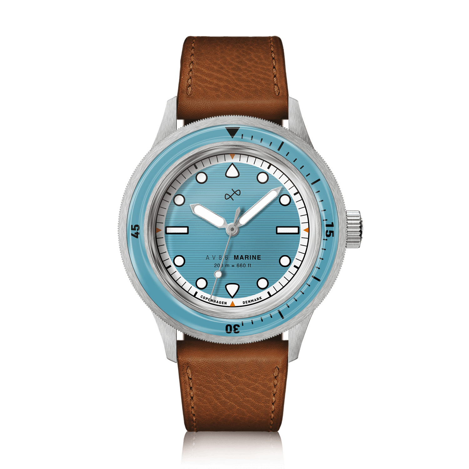 1956 Marine by AV86 vintage-inspired diver with sapphire crystal, rotating bezel, and brown leather strap