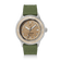 1956 Marine Automatic, Steel / Sand wristwatch by AV86 featuring a beige dial and green textured strap in Danish minimalist style.
