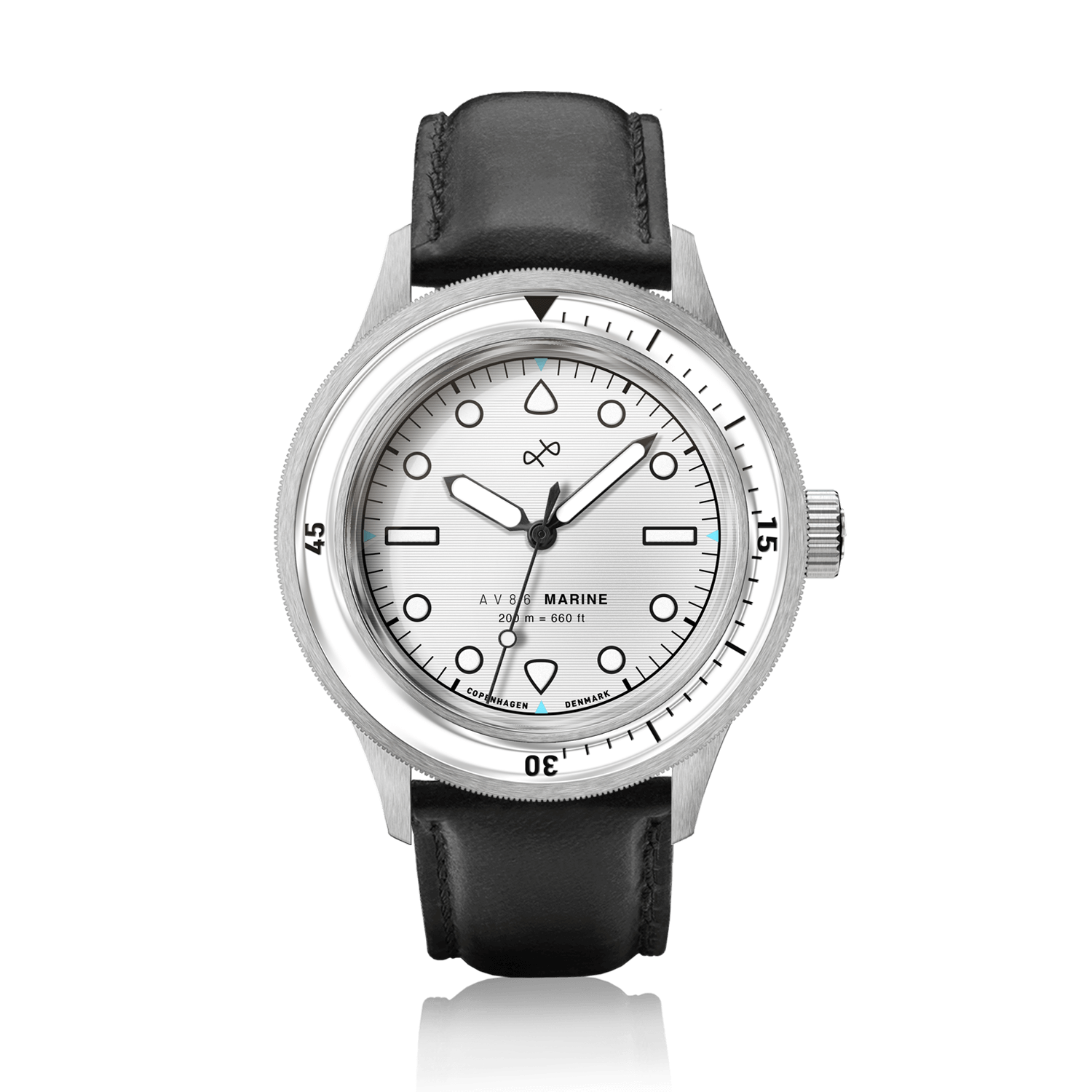 1956 Marine by AV86 vintage-inspired diver with sapphire crystal, rotating bezel, minimalist dial, and black leather strap