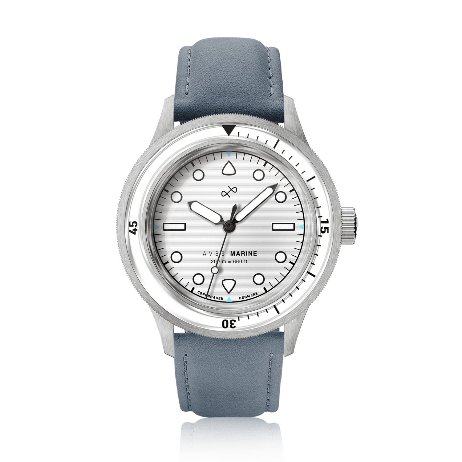 1956 Marine by AV86 vintage-inspired diver with sapphire crystal, rotating bezel, and blue leather strap