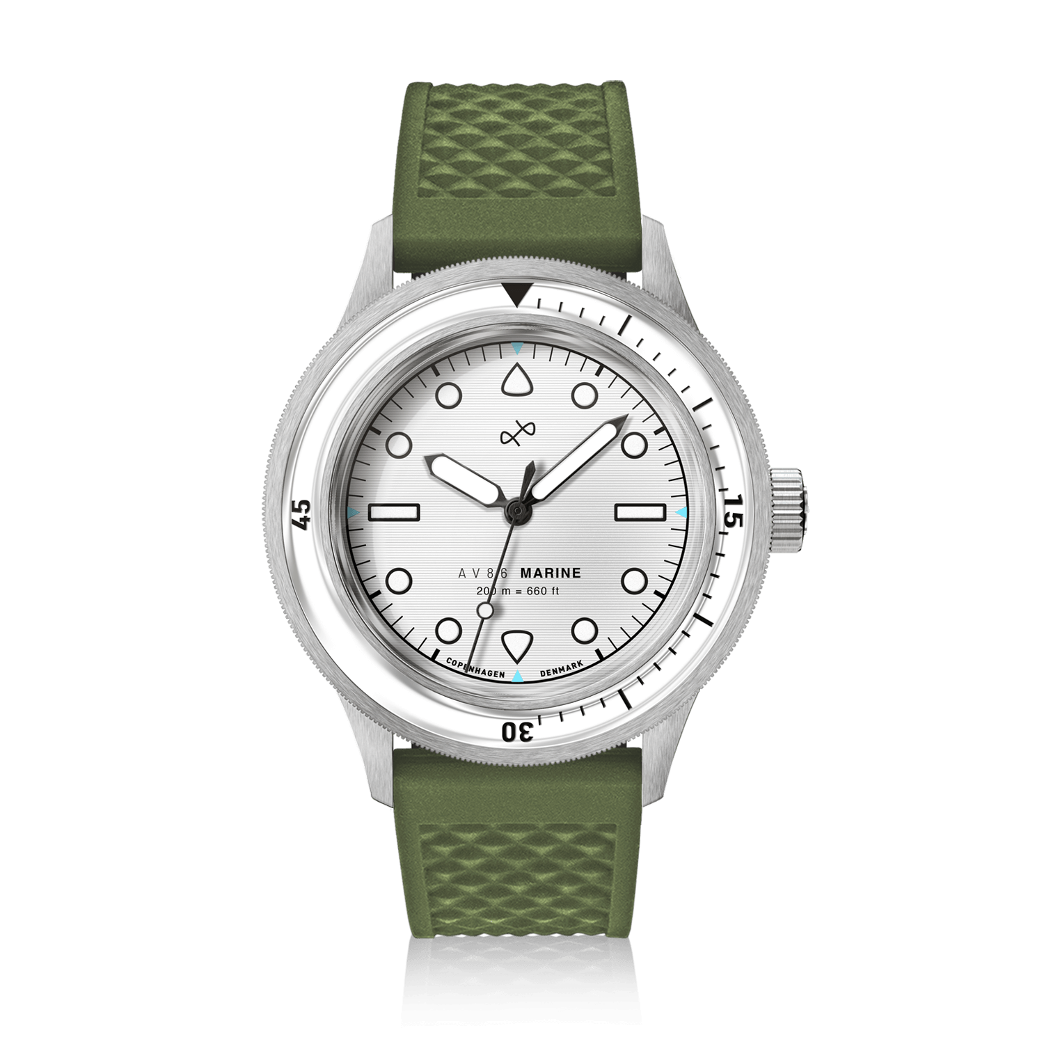 1956 Marine by AV86 vintage-inspired diver with sapphire crystal, unidirectional bezel, and textured rubber strap