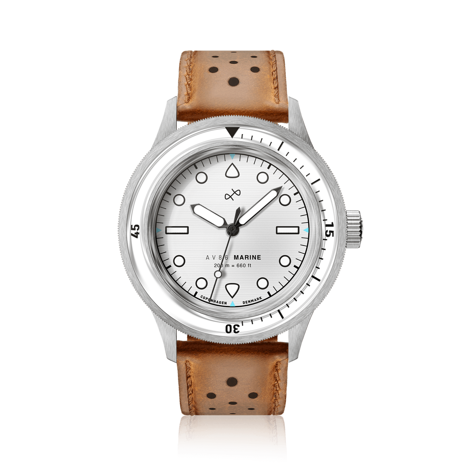 1956 Marine by AV86 vintage-inspired diver with sapphire crystal, compass bezel, and perforated leather strap