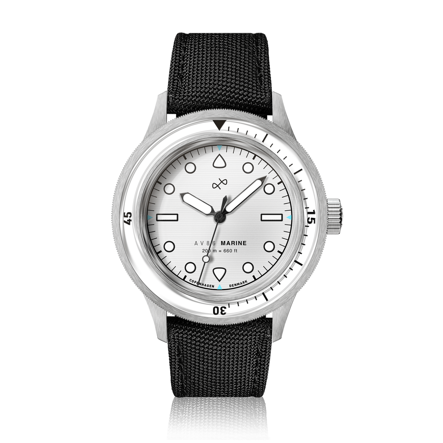 1956 Marine by AV86 vintage-inspired diver watch with sapphire crystal, compass bezel, and black textured rubber strap