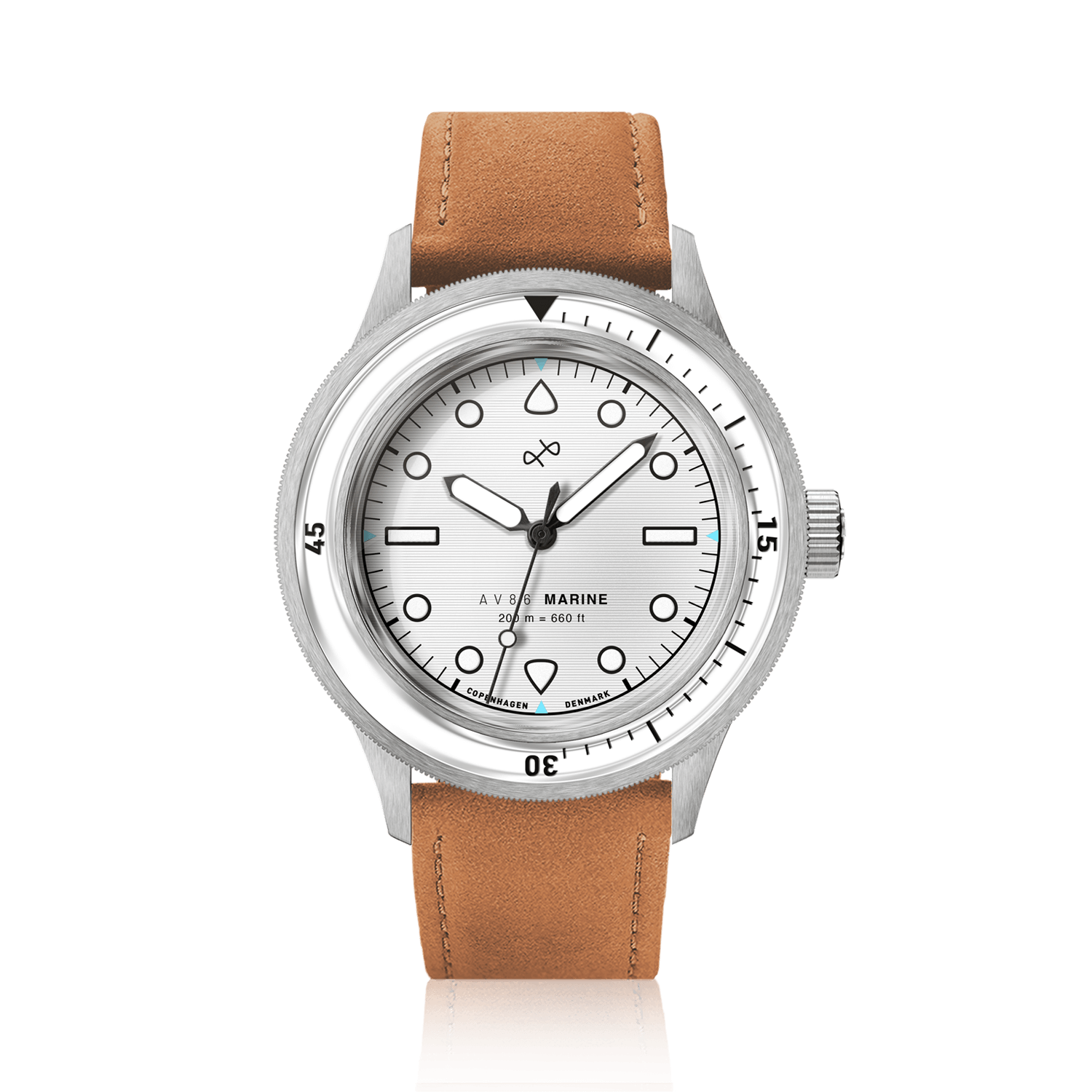 1956 Marine by AV86 vintage-inspired diver with sapphire crystal, compass bezel, and tan leather strap