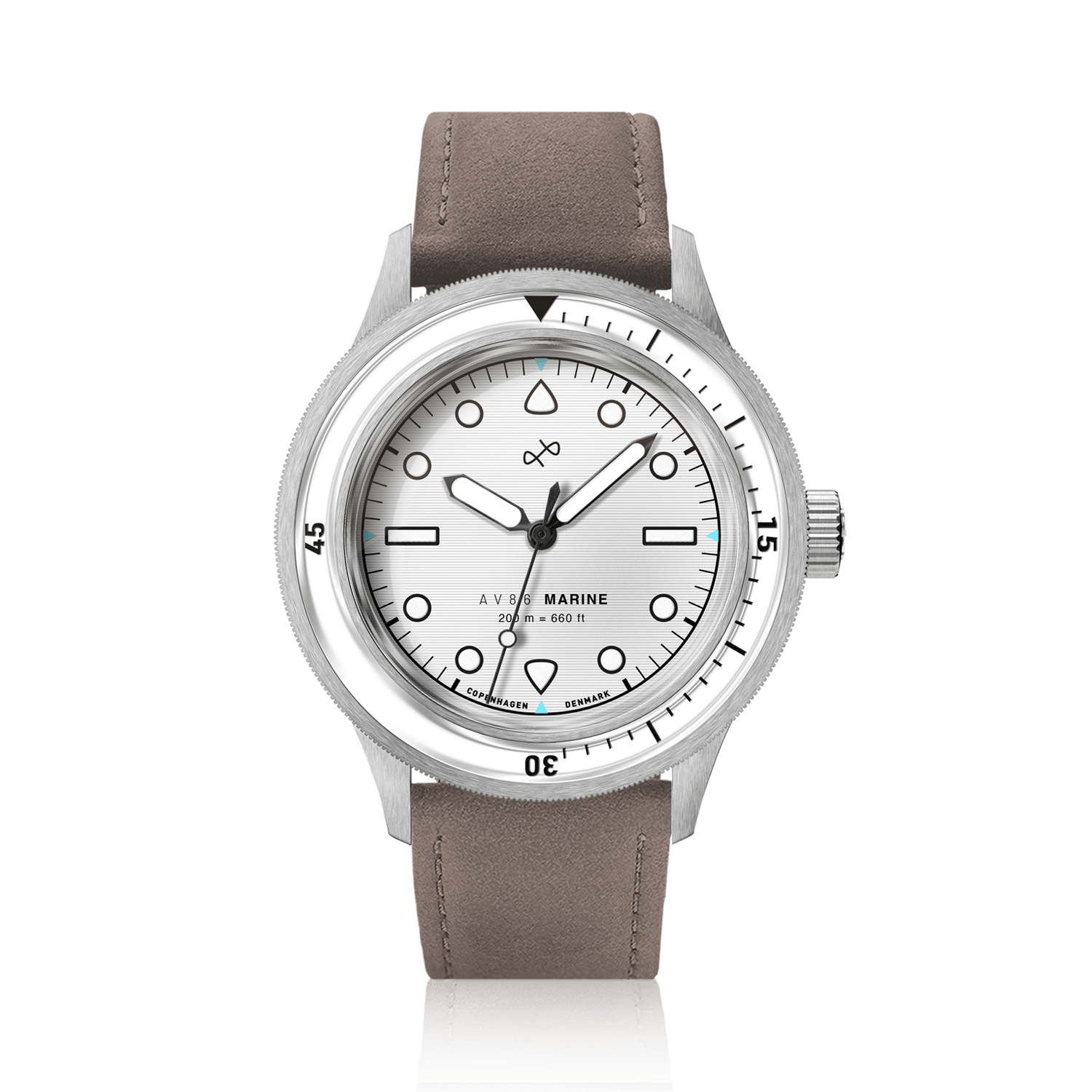 1956 Marine by AV86 vintage-inspired diver watch with sapphire crystal, rotating bezel, and taupe leather strap