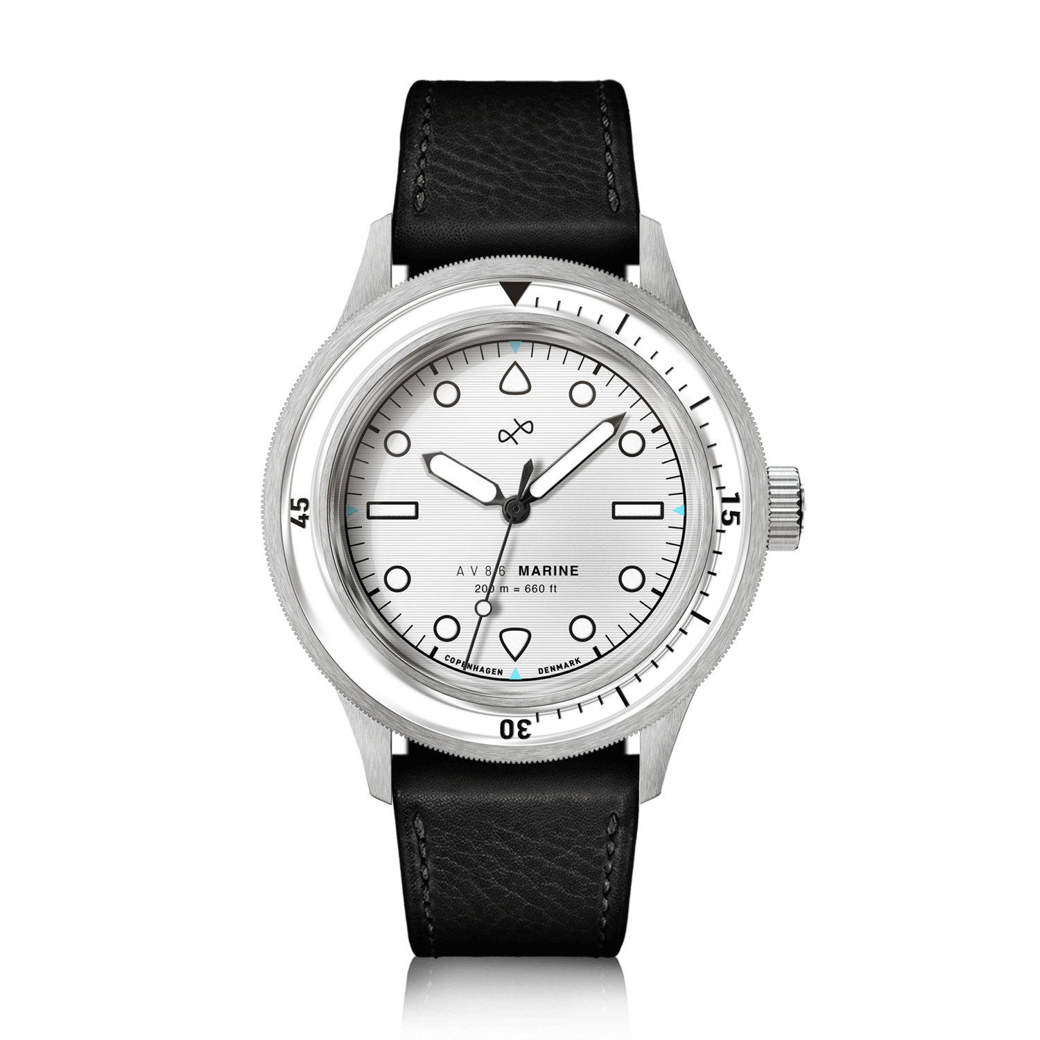1956 Marine by AV86 vintage-inspired diver with sapphire crystal, rotating bezel, and black leather strap luxury timepiece