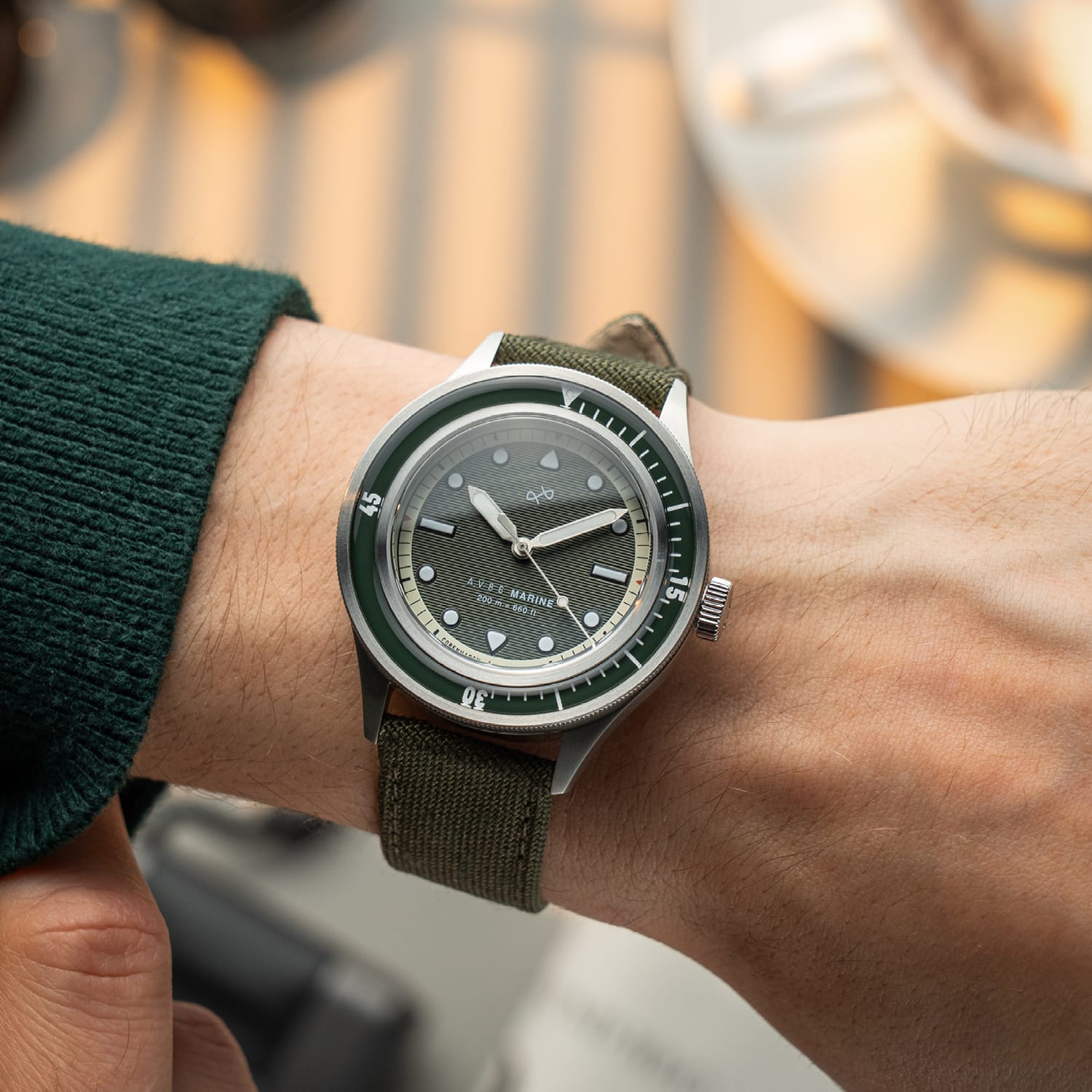 1956 Marine by AV86 vintage-inspired diver with sapphire crystal, unidirectional bezel, and textured fabric strap