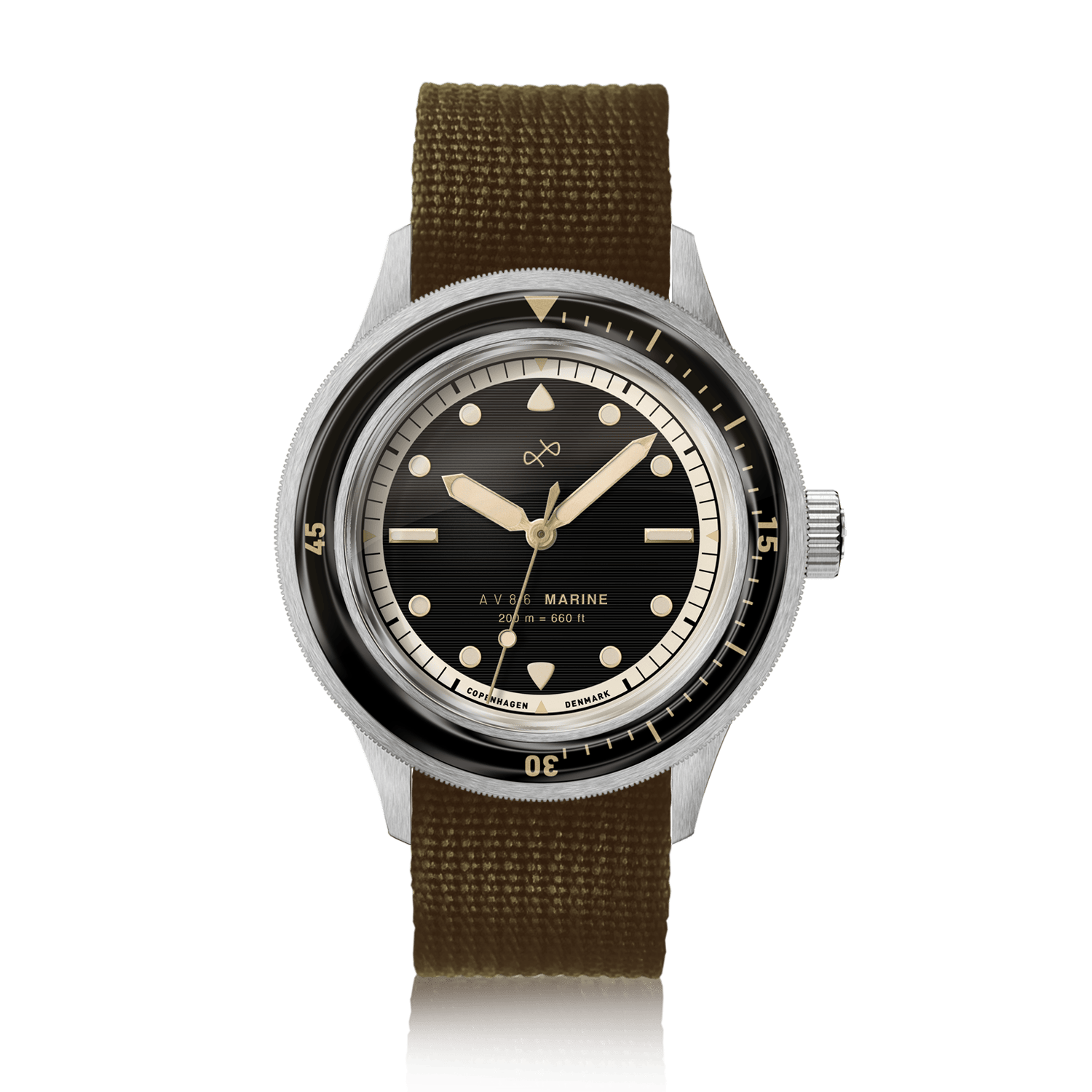 1956 Marine by AV86 vintage-inspired diver with sapphire crystal, rotating bezel, and olive fabric strap, Nordic minimalist design
