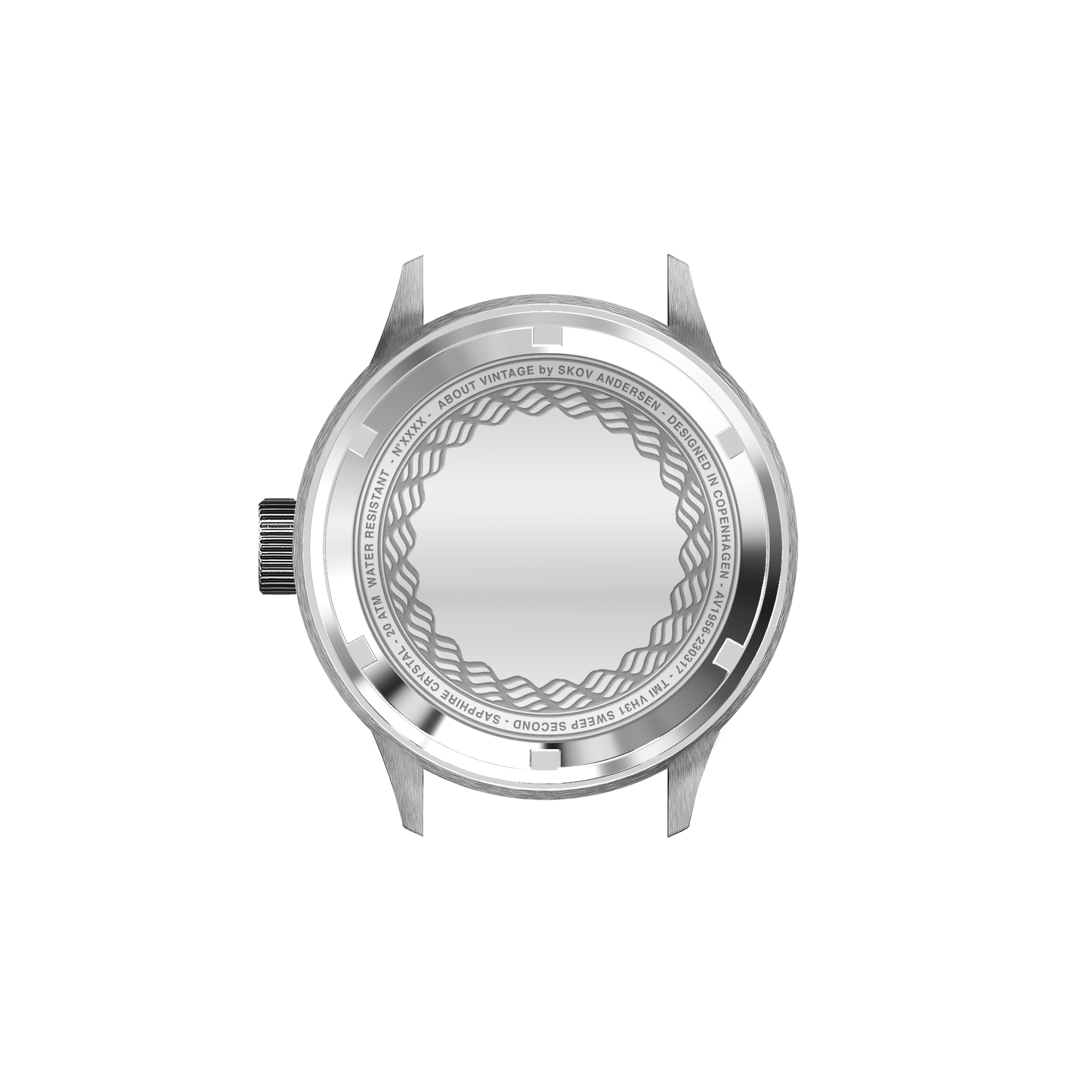 1956 Marine by AV86 stainless steel case back with engraved pattern and screw-down crown, Scandinavian design detail
