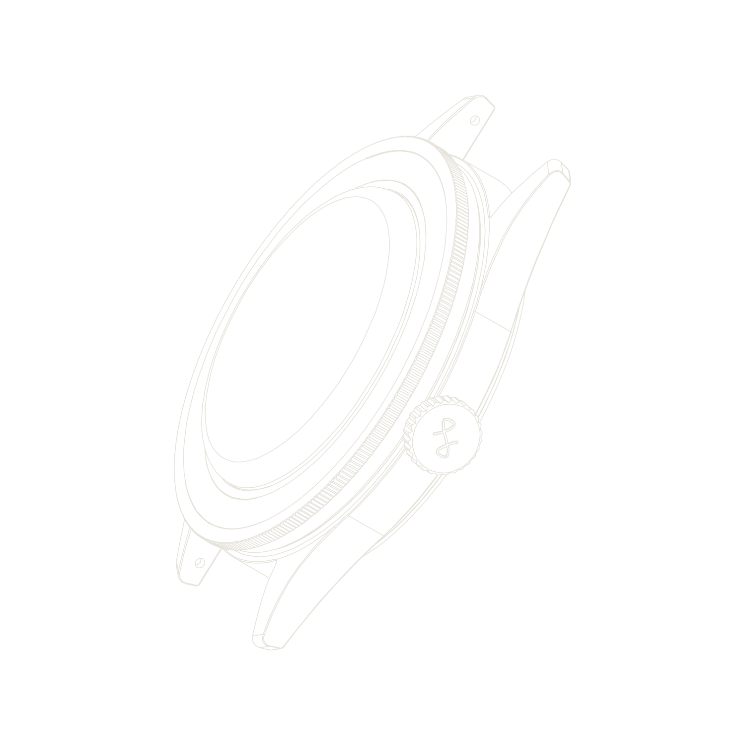 Minimalist outline of a watch case with bezel and crown, reflecting Scandinavian design principles and sleek craftsmanship by AV86