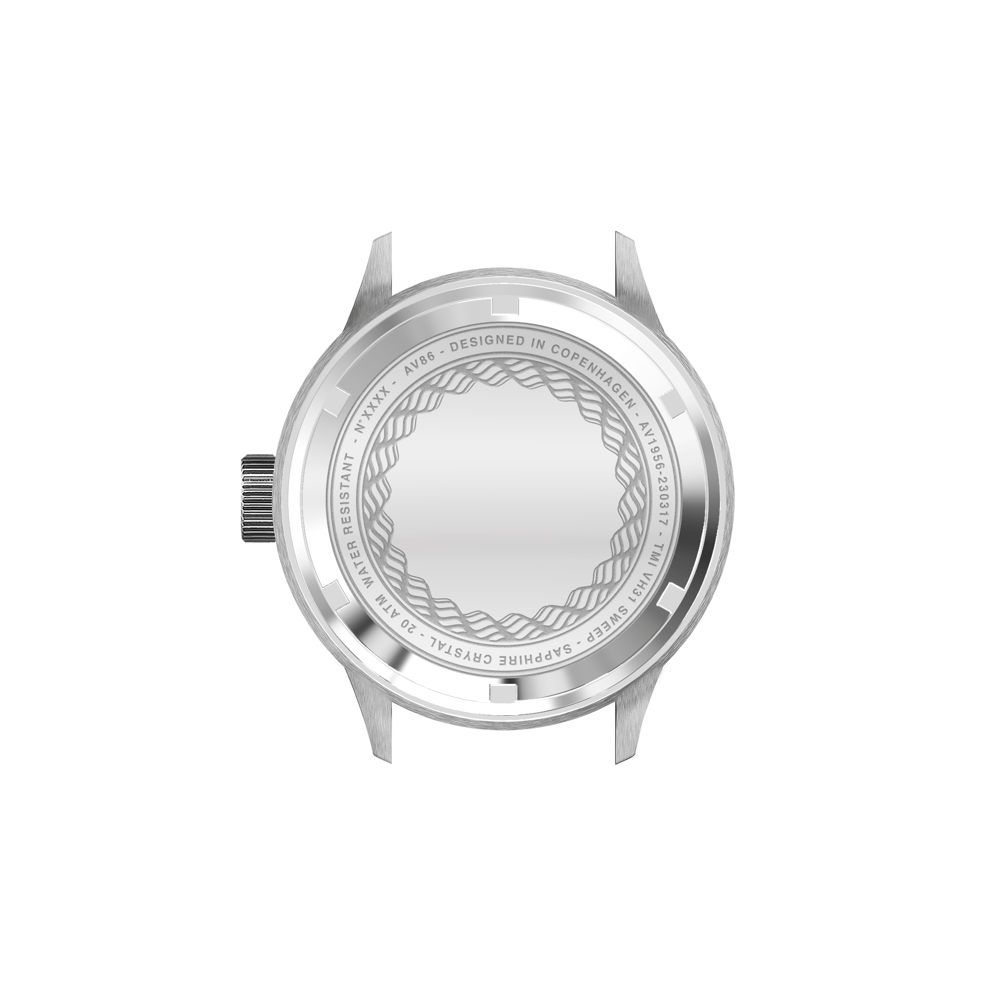 AV86 watch case back with sapphire crystal, engraved details, designed in Copenhagen, showcasing Nordic minimalist craftsmanship
