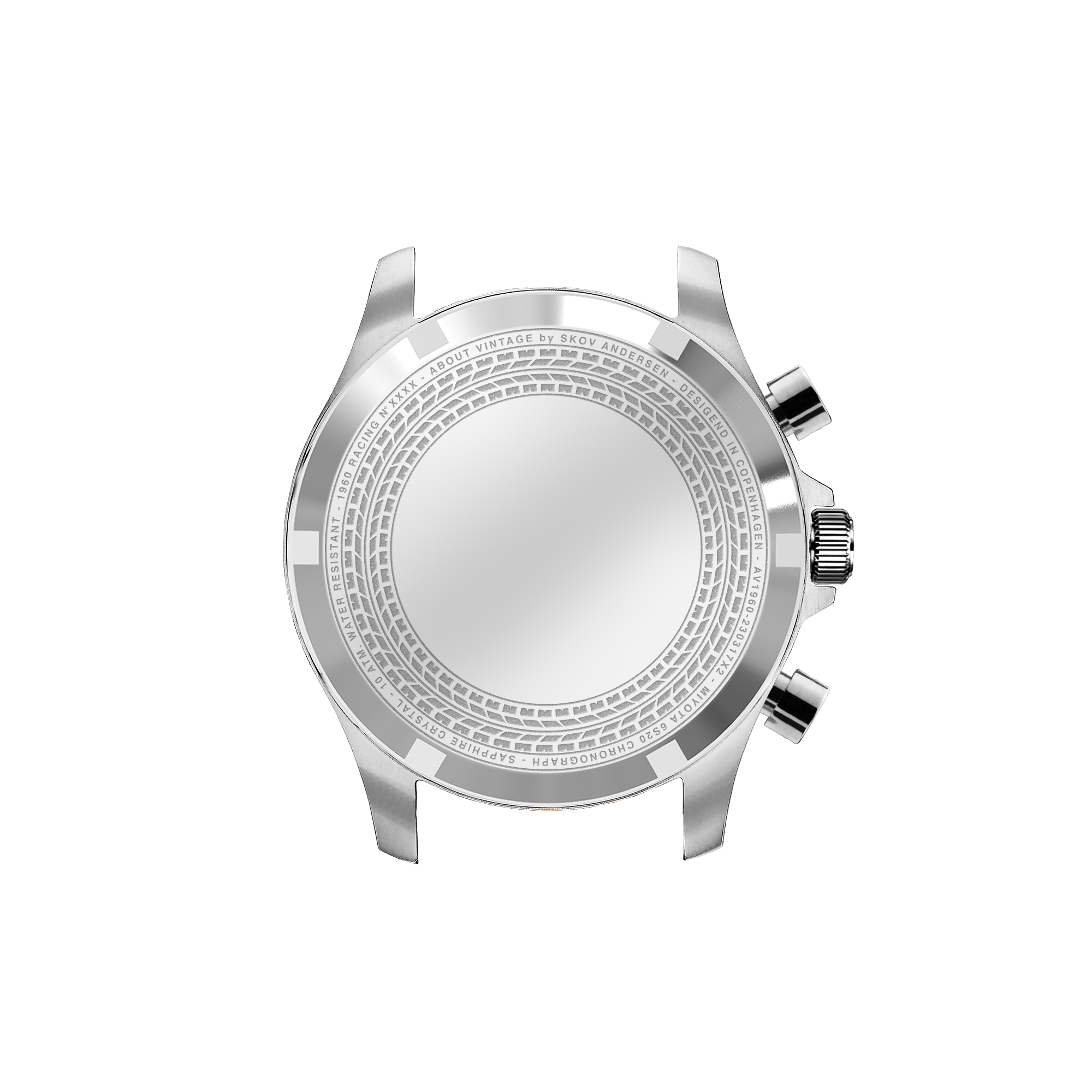 1960 Racing Chronograph by AV86 showcasing polished stainless steel case back with engraved detailing and chronograph pushers