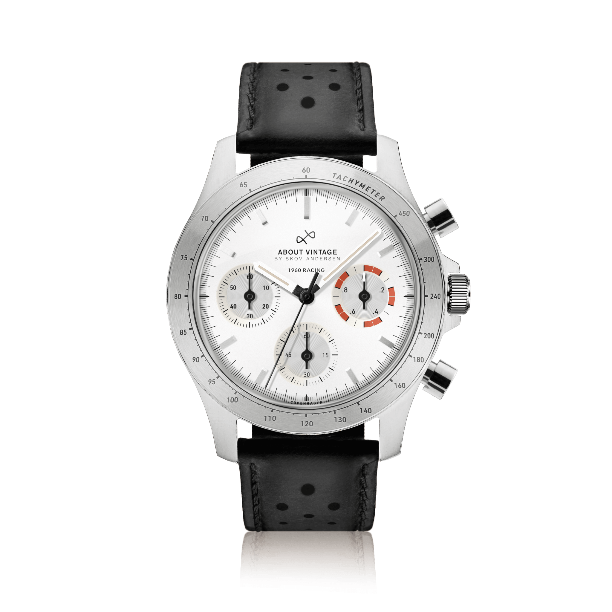 1960 Racing Chronograph by AV86 vintage-inspired chronograph with sapphire crystal, tachymeter bezel, and perforated black leather strap