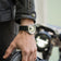 1968 Mechanical (Hand-Wound) by AV86 vintage-inspired dress watch with sapphire crystal and black leather strap worn with leather jacket