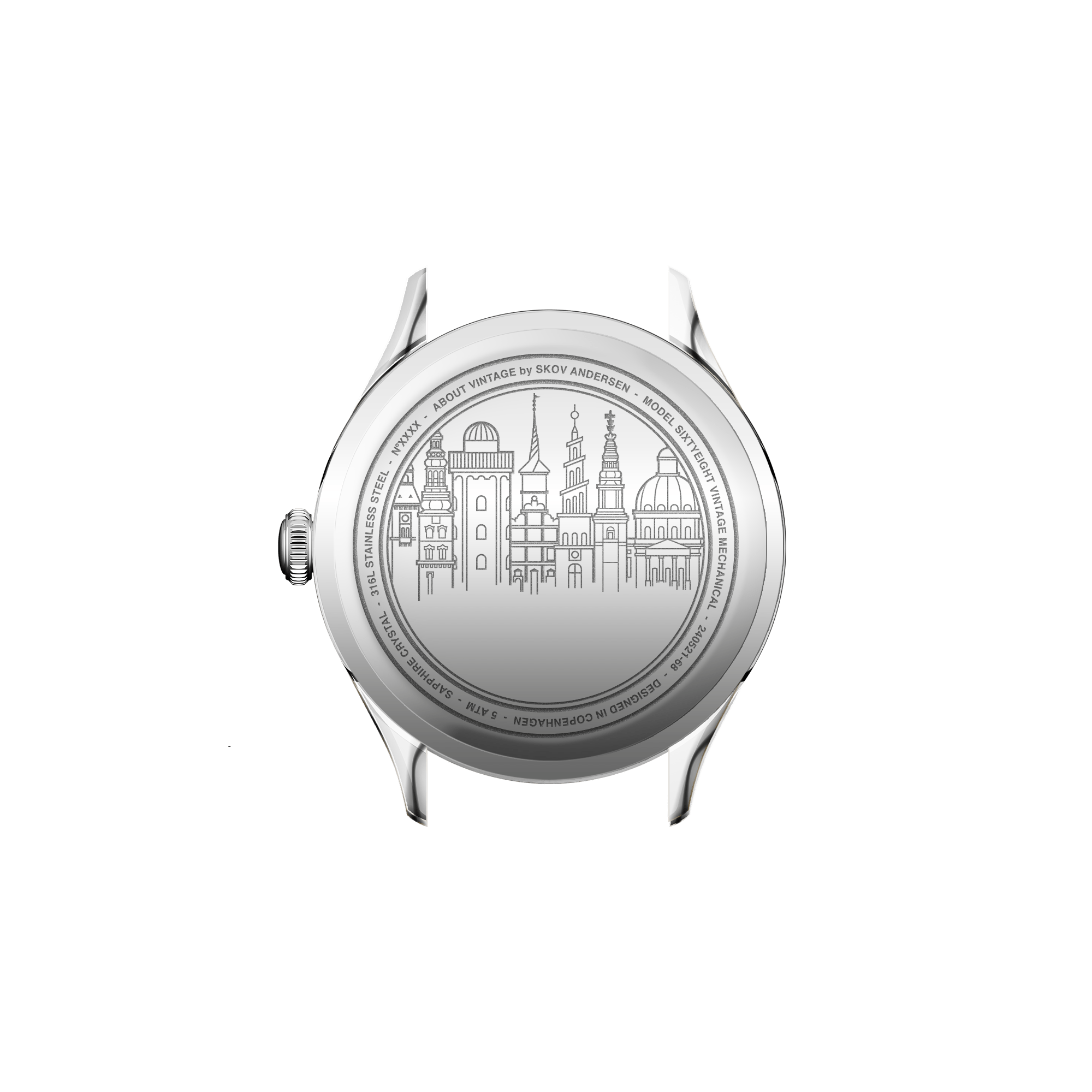1968 Mechanical by AV86 steel case back engraving featuring Copenhagen cityscape in minimalist Danish design style