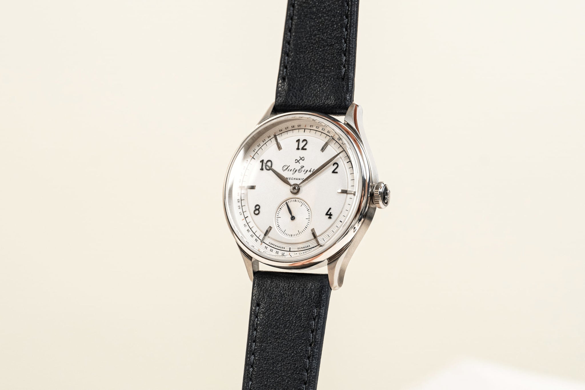 1968 Mechanical by AV86 vintage-inspired automatic watch with minimalist white dial, sapphire crystal, and black leather strap