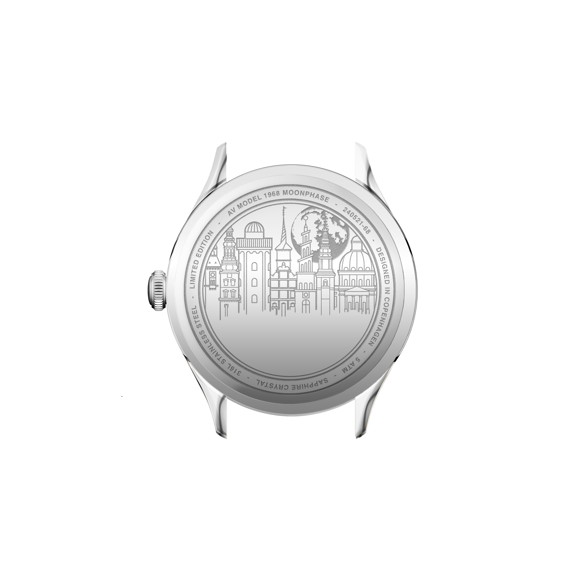 VB Kong Hans Eg, Limited Edition / Forudbestilling by AV86 watch case back engraved with Copenhagen cityscape and technical specs ring