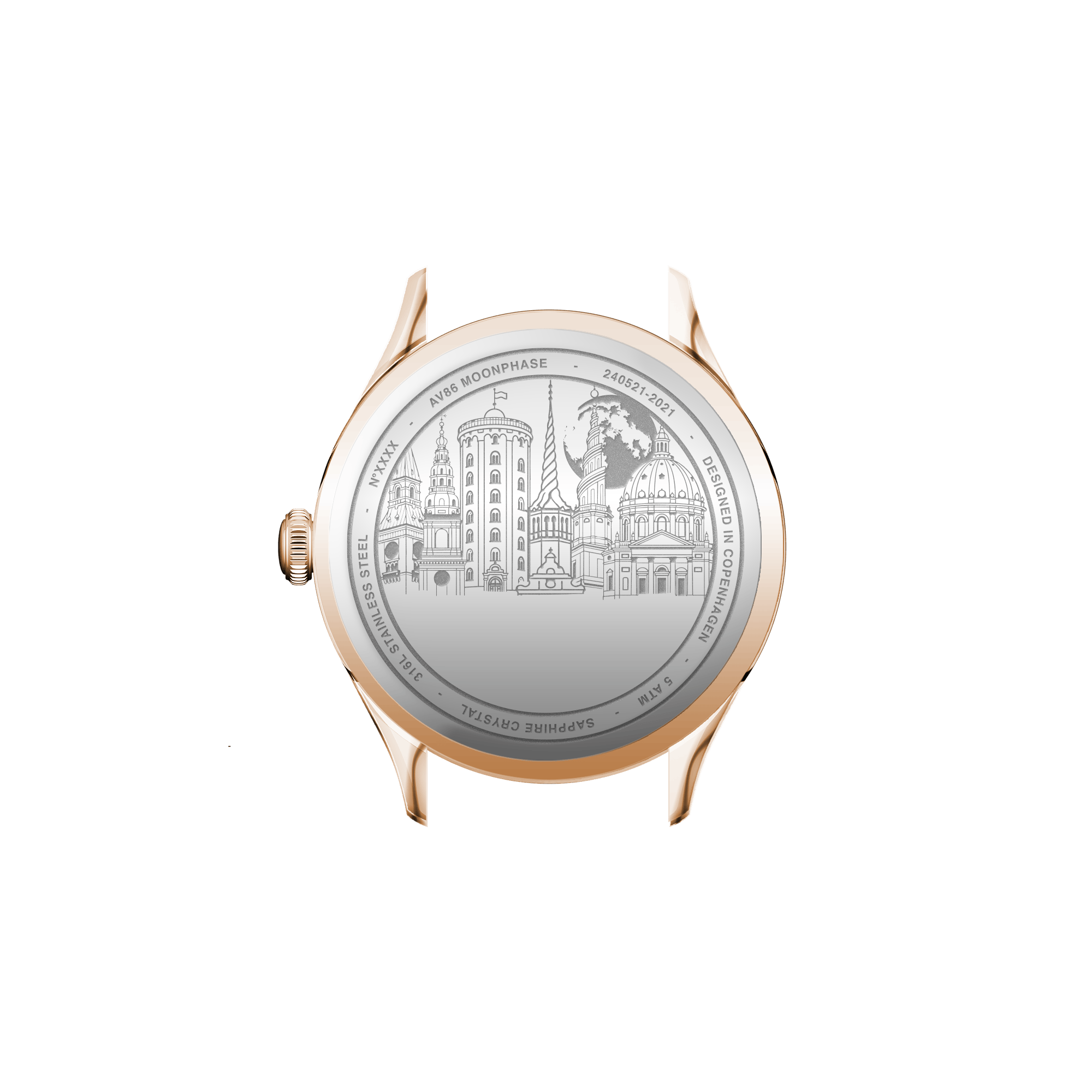 1968 Moonphase, Rose Gold / Dark Blue by AV86 showcasing engraved case back with Copenhagen skyline and sapphire crystal details